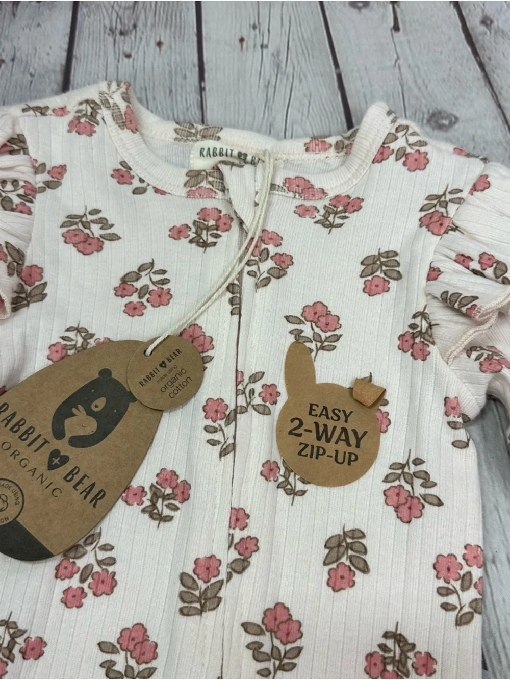 NWT Rabbit & Bear Pink Floral Footed One-Piece 6-9M organic cottagecore coquette
